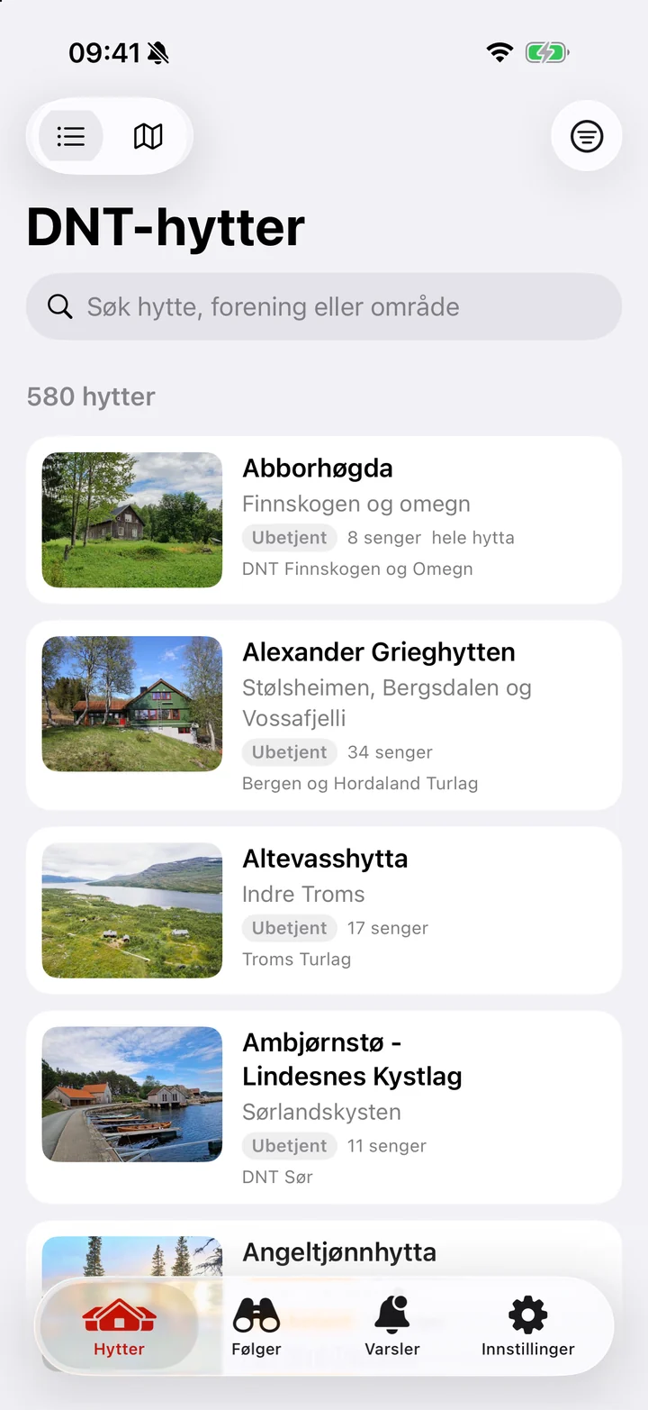 Liste over DNT-hytter i appen